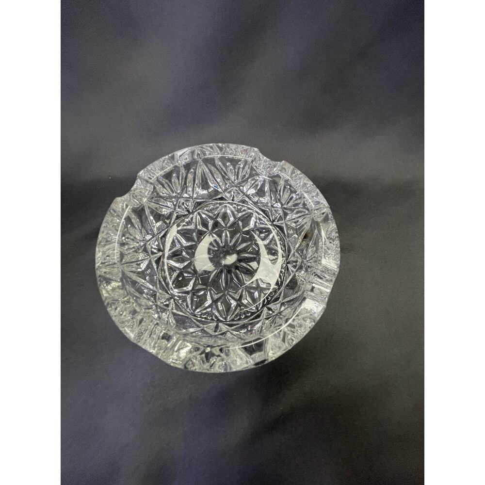 Vintage Heavy Lead Cut Crystal Ashtray Elegant 5” Dia Round Chunky